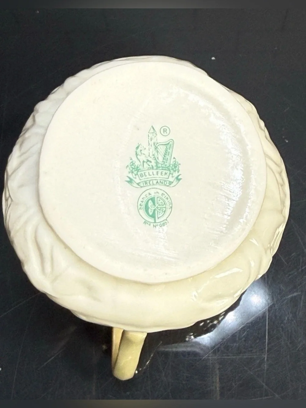 MCM Belleek White Lotus China Creamer 8 Sugar Set Glossy Model 0857 Green Mark
